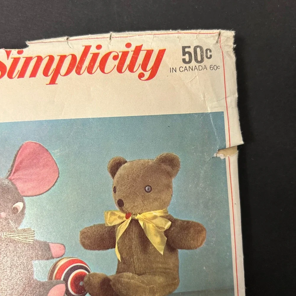 Vintage 60's Simplicity Stuffed Toy Sewing Pattern OS Dog Mouse Bear
